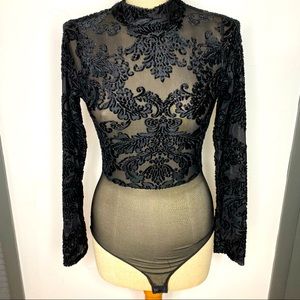 Milkyway Black Mesh and Velour Bodysuit